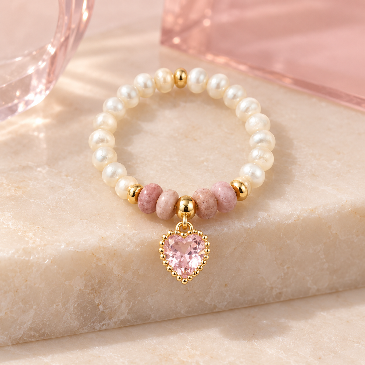 Pink Heart Pearl Ring on ivory stone