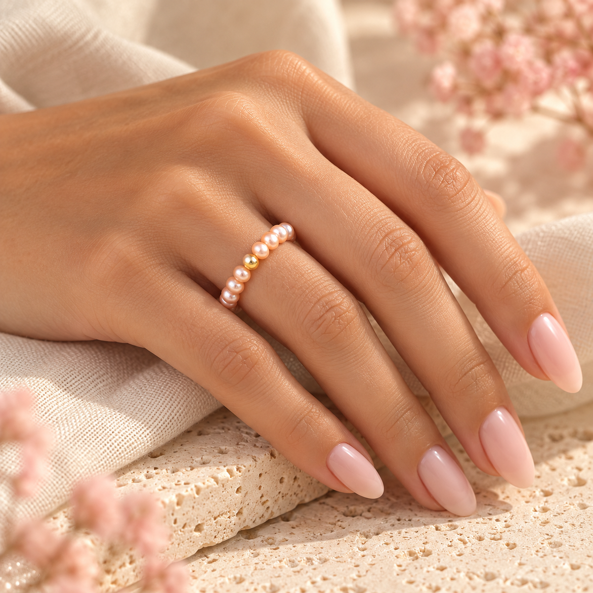 Blush Pink Pearl Stretch Ring worn on hand