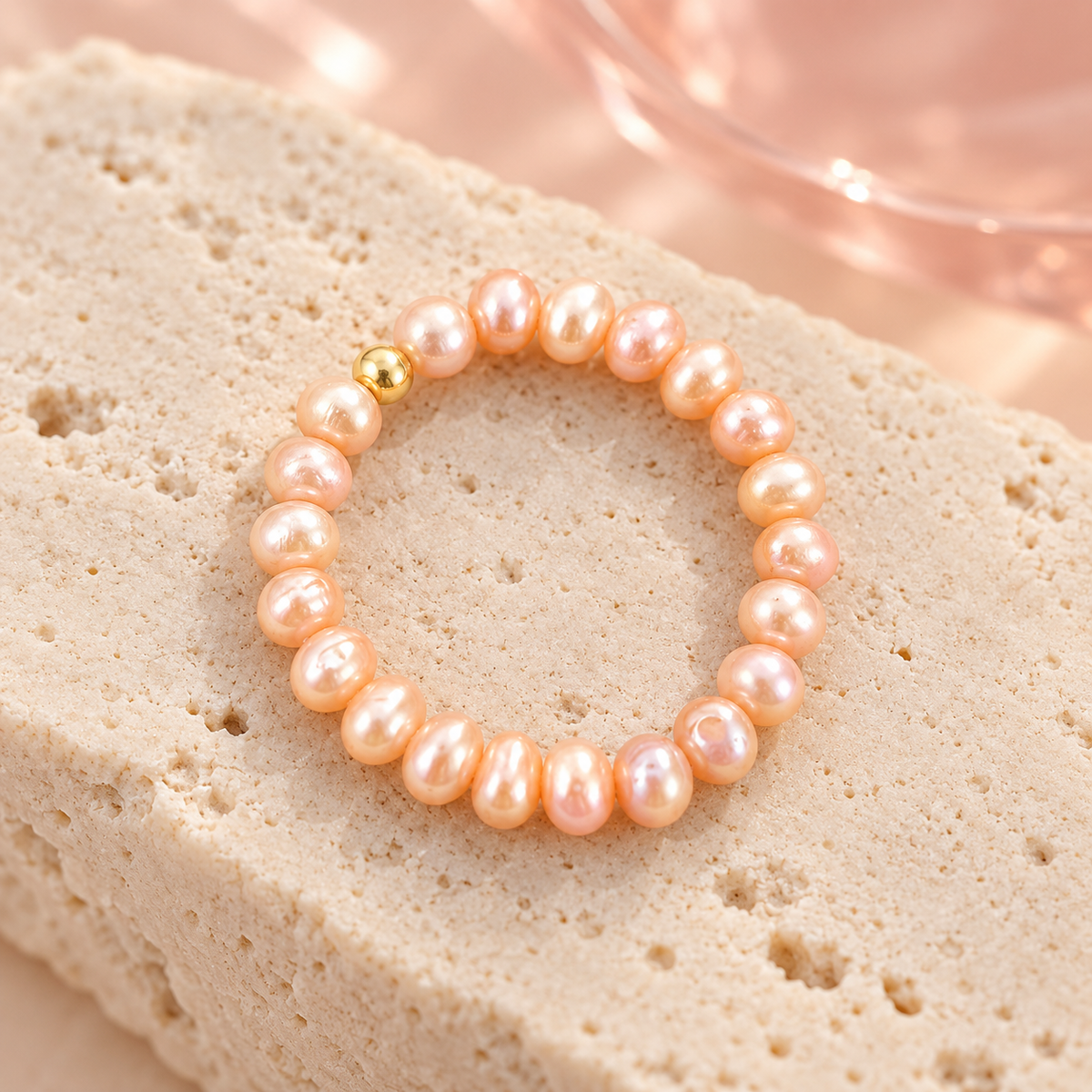 Blush Pink Pearl Stretch Ring solo on ivory stone