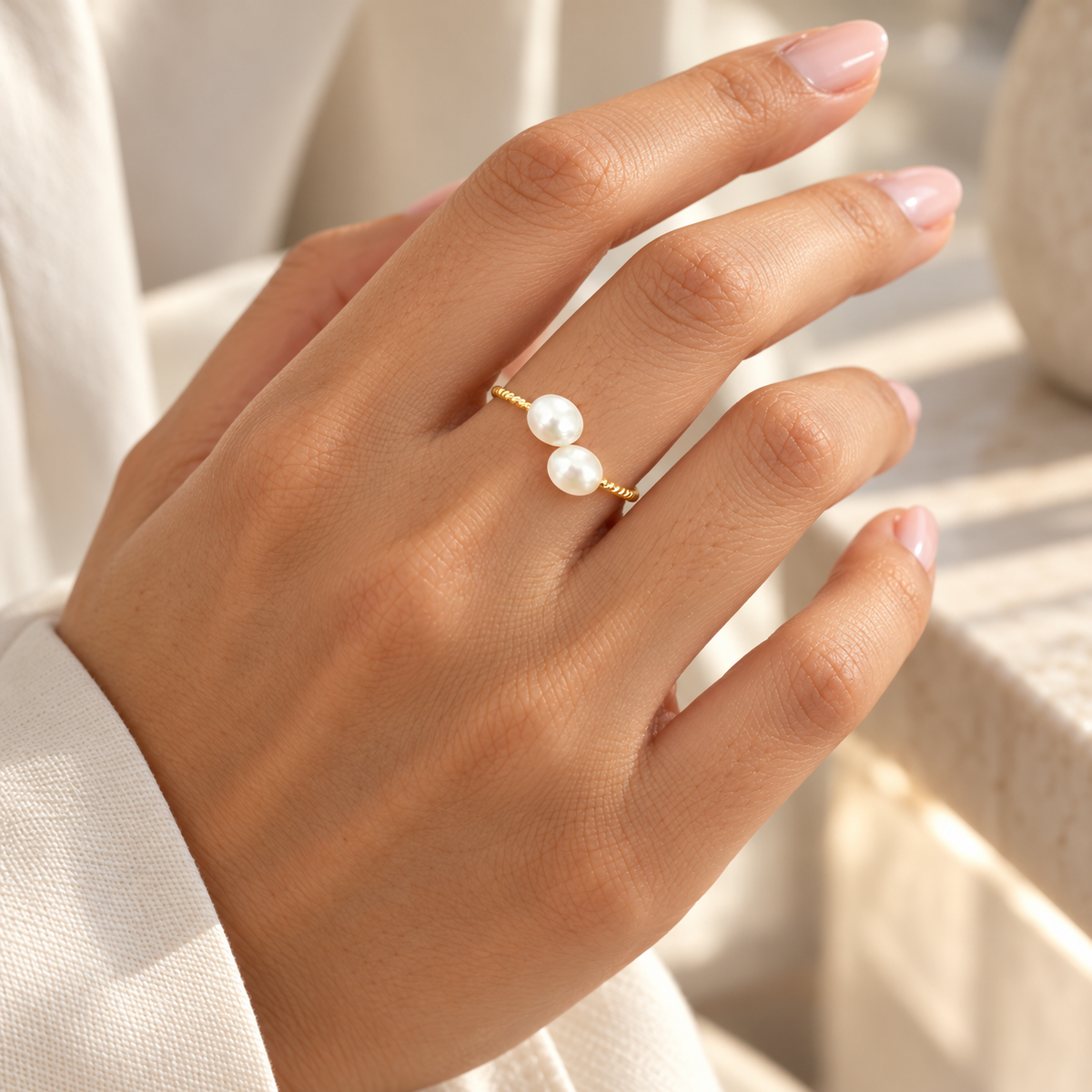 Duo Pearl Twist Ring in Ivory worn on hand