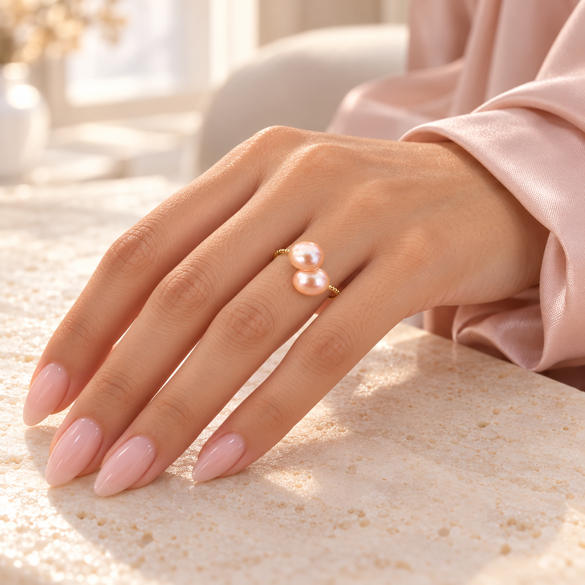 Duo Pearl Twist Ring in Peach worn on hand