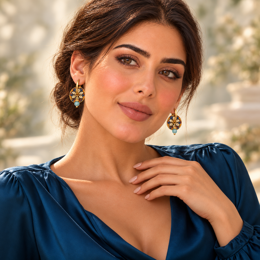 Mimi wearing Bloomy azure mosaic flower earrings in a blue blouse