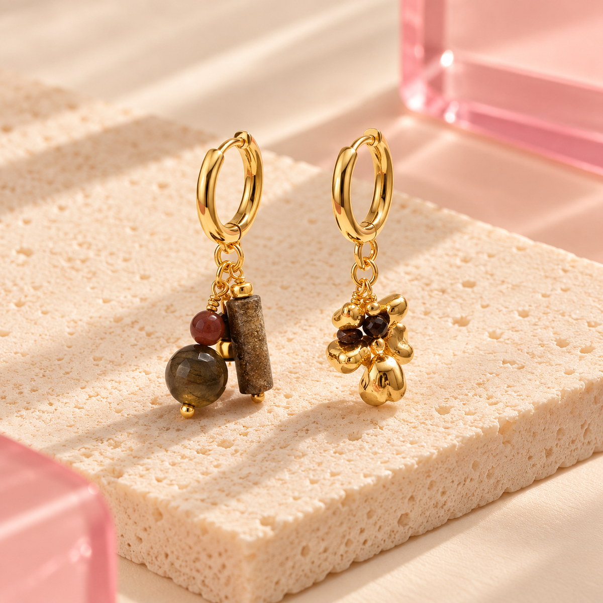 Mismatched earthy charm hoop earrings on Bloomy ivory stone
