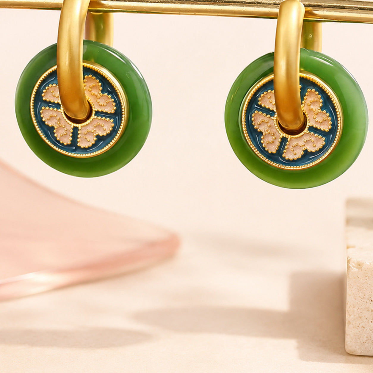 Emerald Jade Enamel Hoop Earrings – single close-up detail