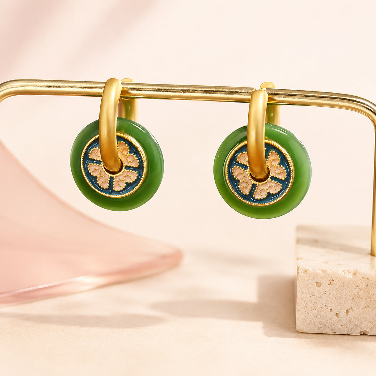 Emerald Jade Enamel Hoop Earrings – full view
