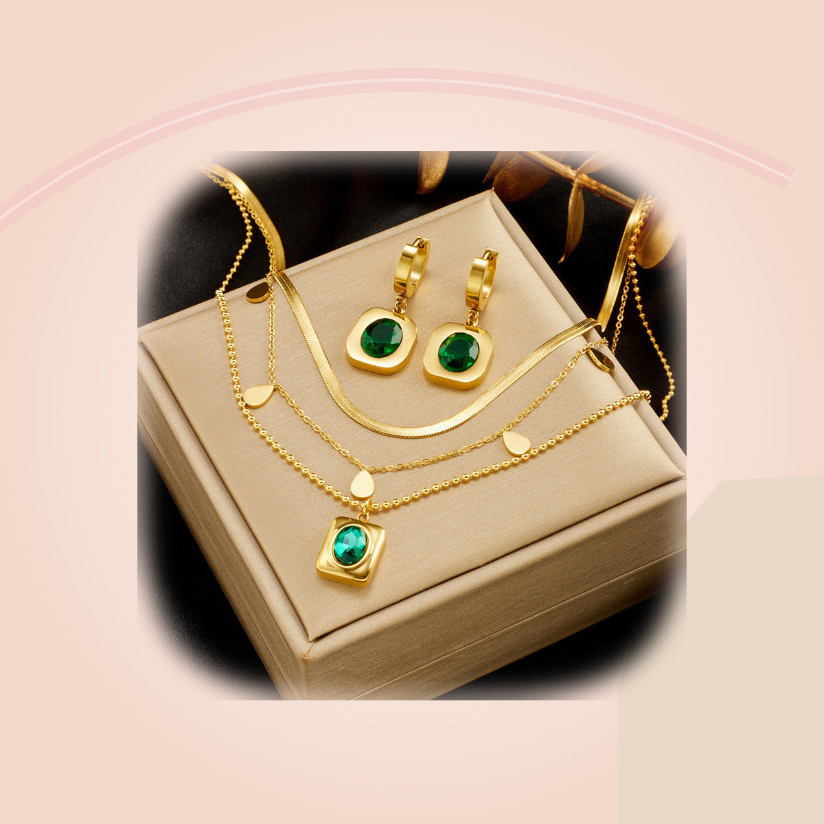 Emerald Square Charm Jewelry Set — full product view