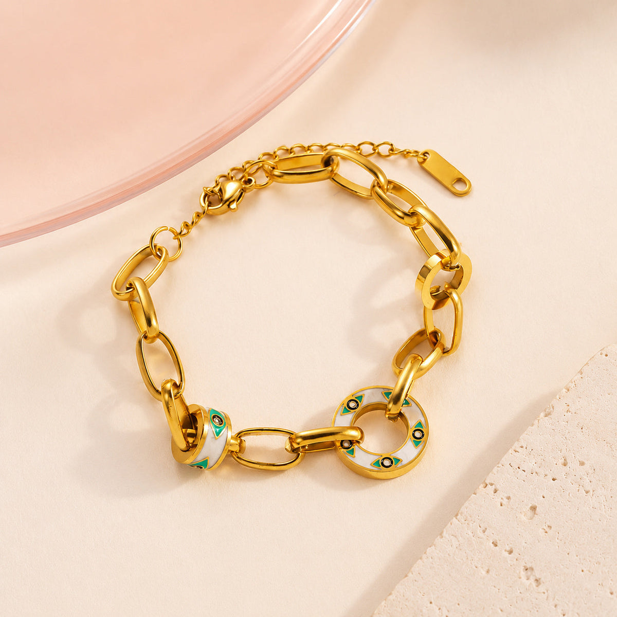Enamel Evil Eye Chain Gold Bracelet – full view