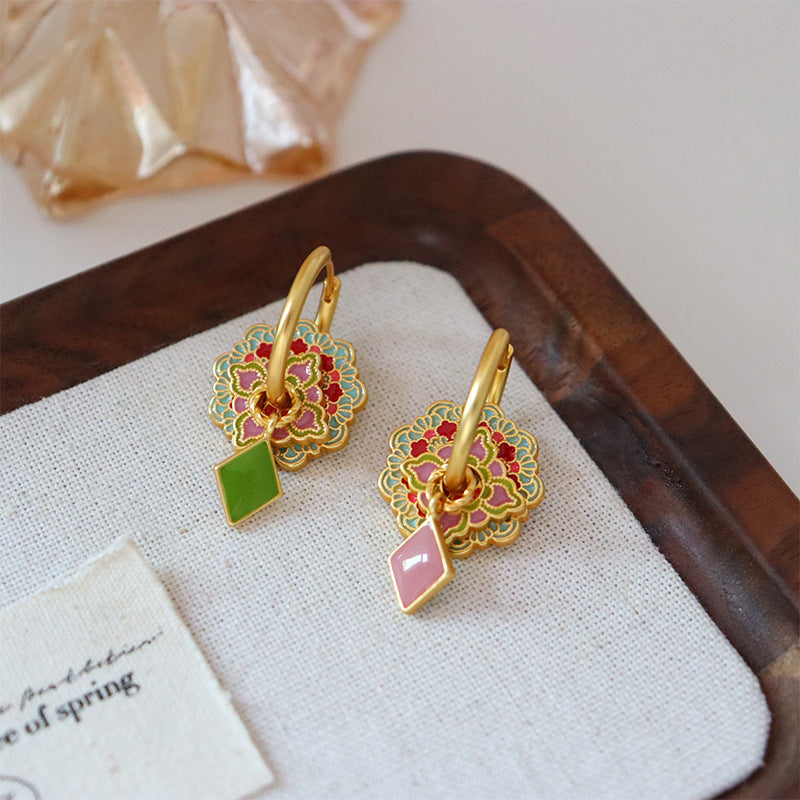 Flowery Earrings with Diamond Drop