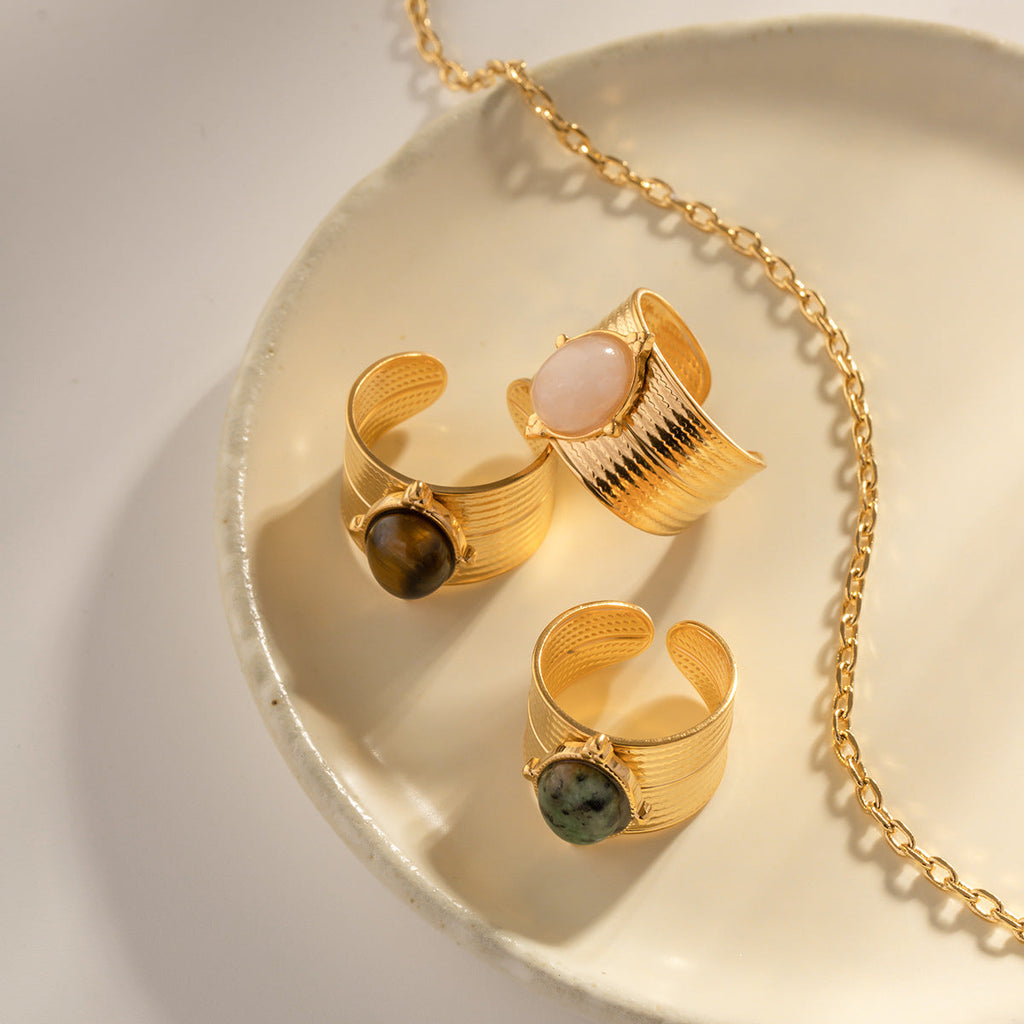Gold Adjustable Ring with Natural Stone
