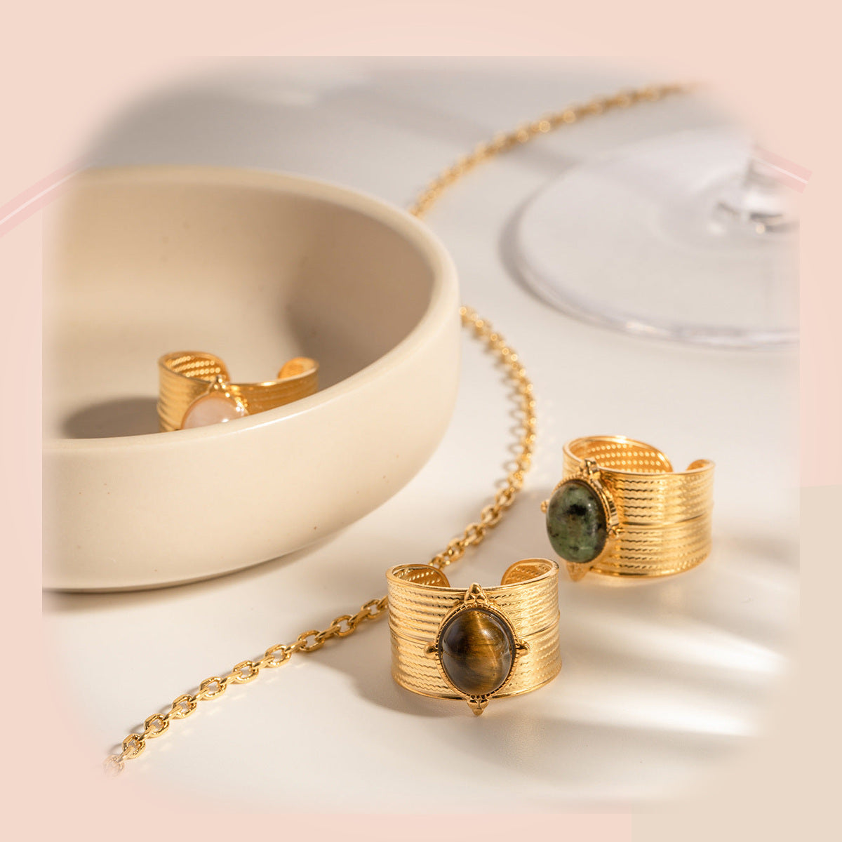Gold Adjustable Ring with Natural Stone — full product view