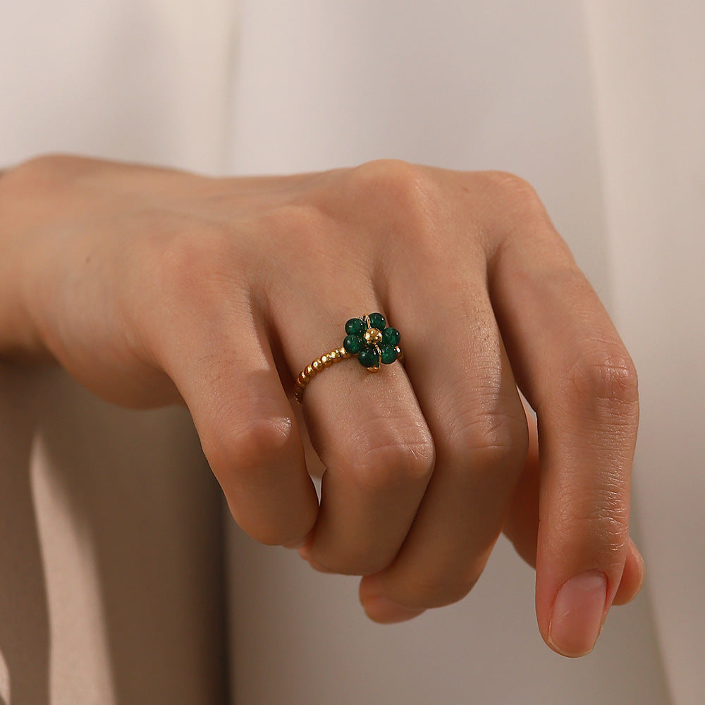 Gold Beaded Ring with Gemstone Flower