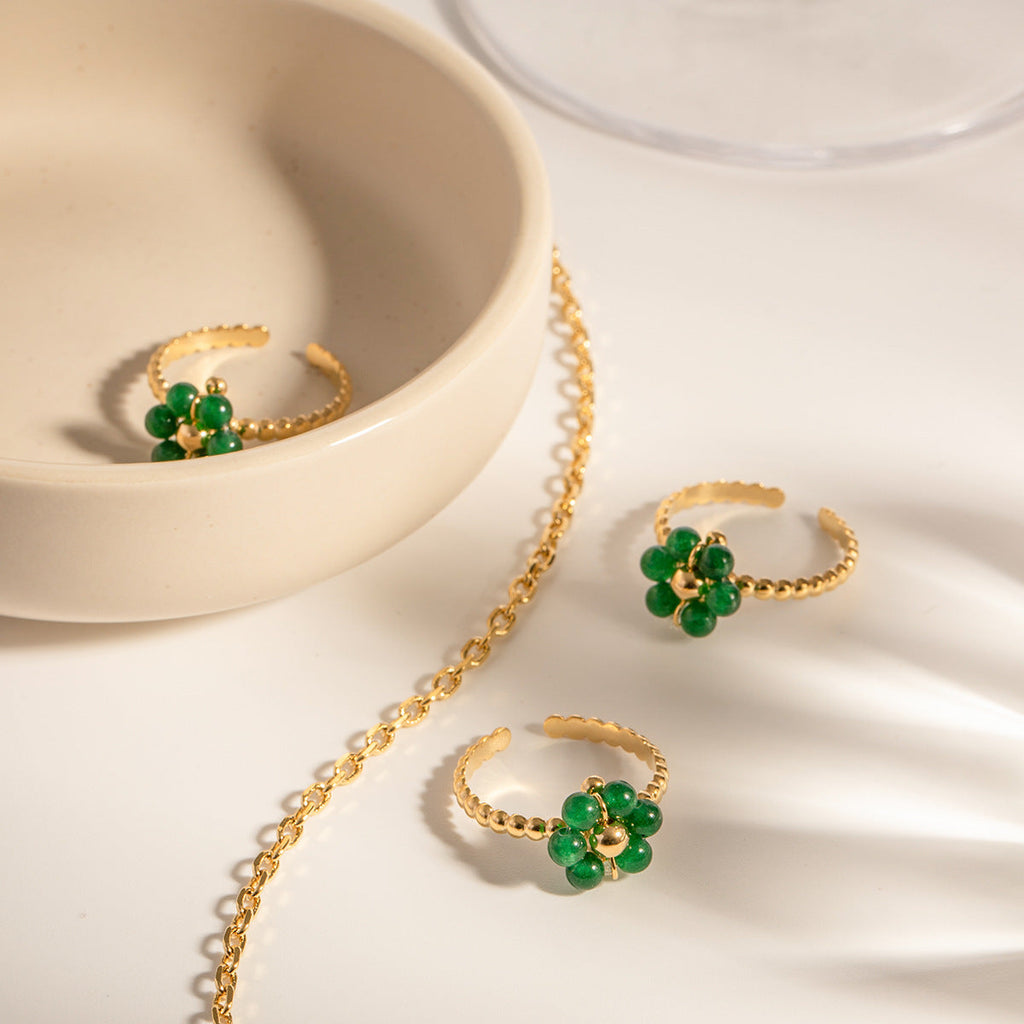 Gold Beaded Ring with Gemstone Flower