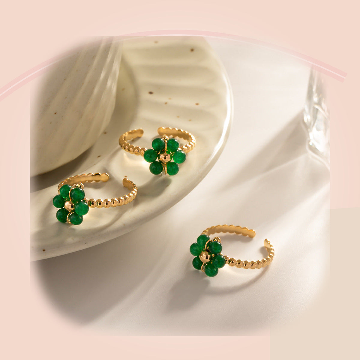Gold Beaded Ring with Gemstone Flower — full product view
