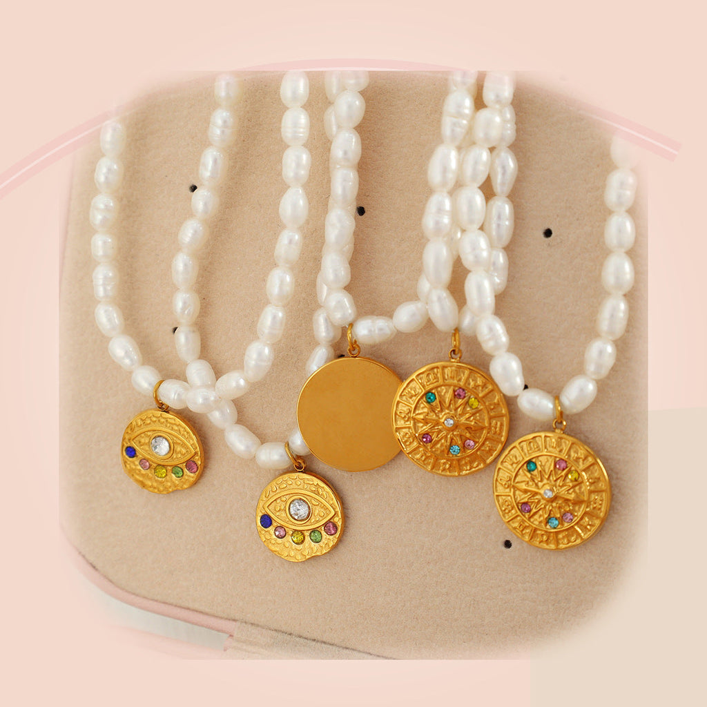Gold Medallion Pearl Necklace — full product view