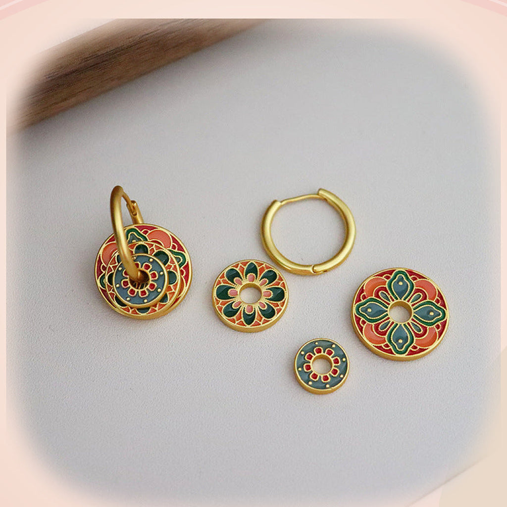 Green & Coral Mandala Earrings — detail view