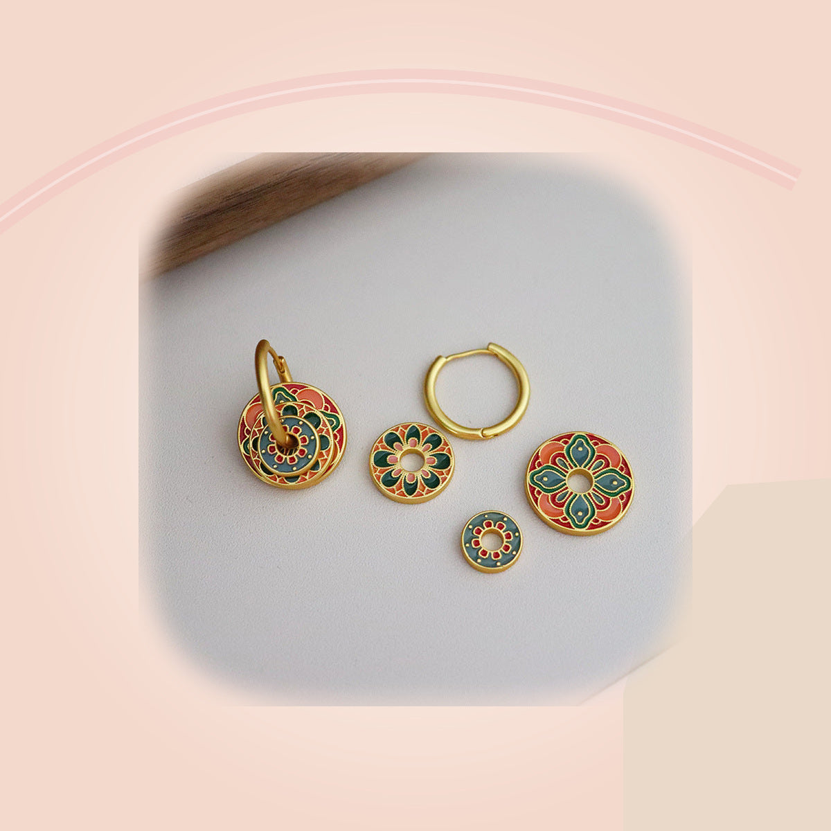 Green & Coral Mandala Earrings — full product view
