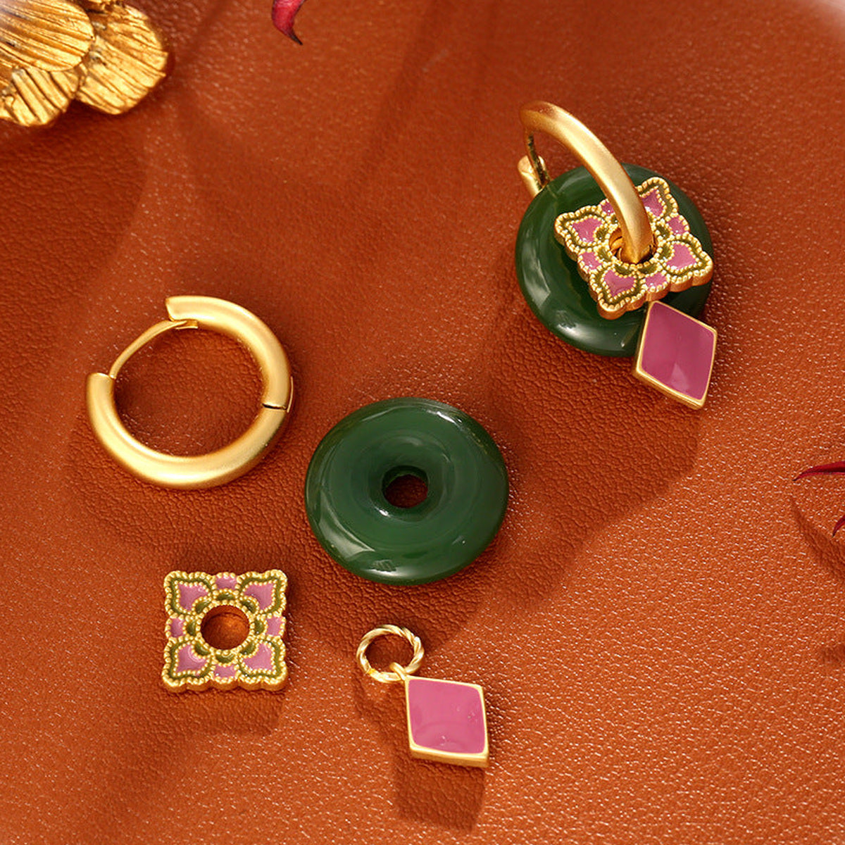 Green Jade & Fuchsia Enamel Drop Earrings — detail view