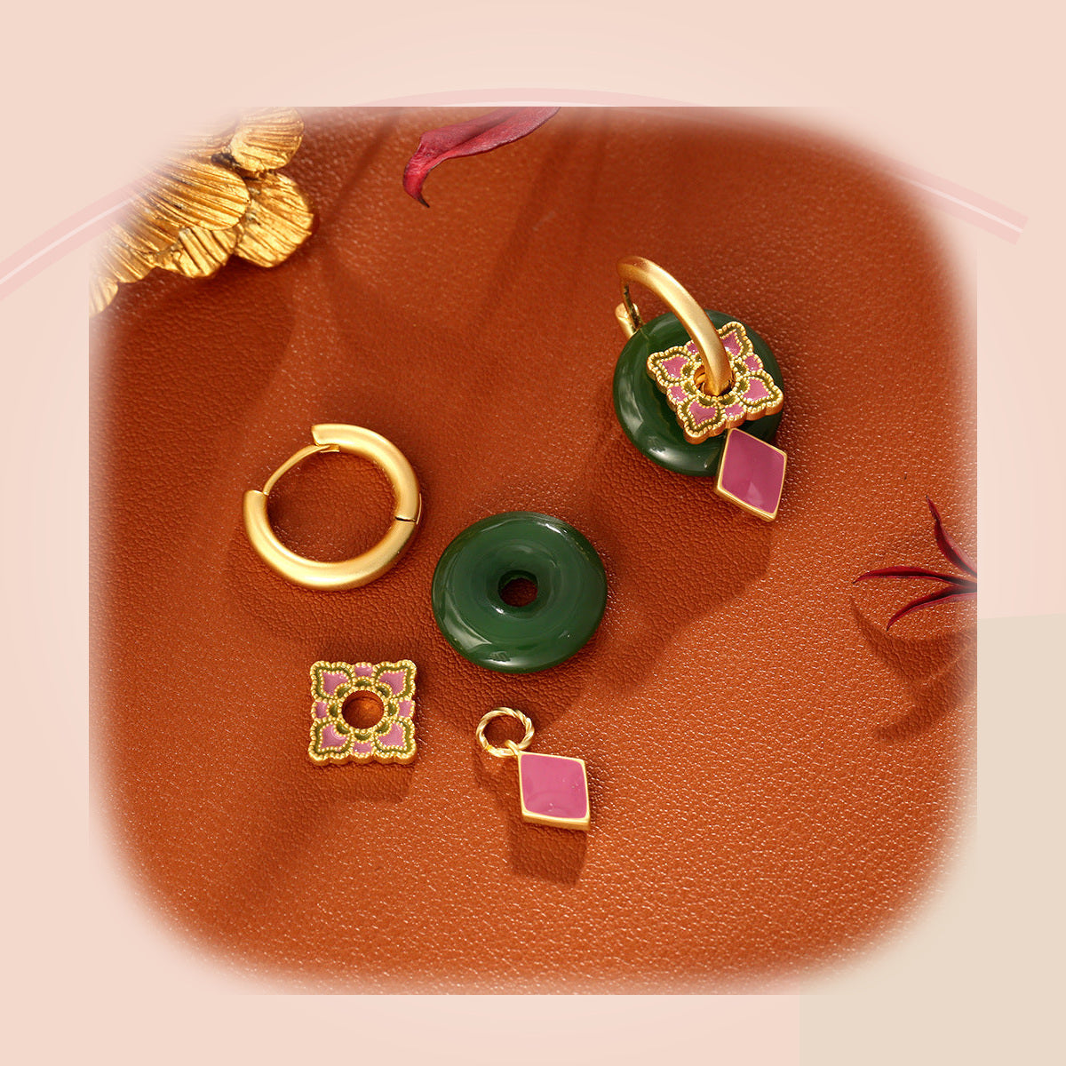 Green Jade & Fuchsia Enamel Drop Earrings — full product view