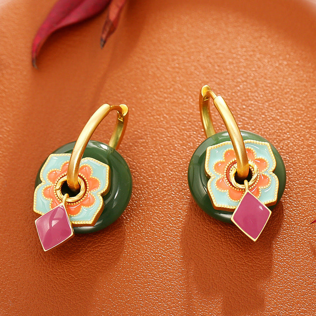Green Jade & Pink Enamel Flower Earrings — detail view