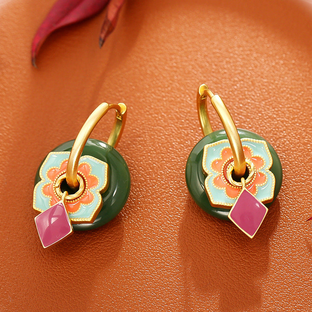 Green Jade & Pink Enamel Flower Earrings — detail view