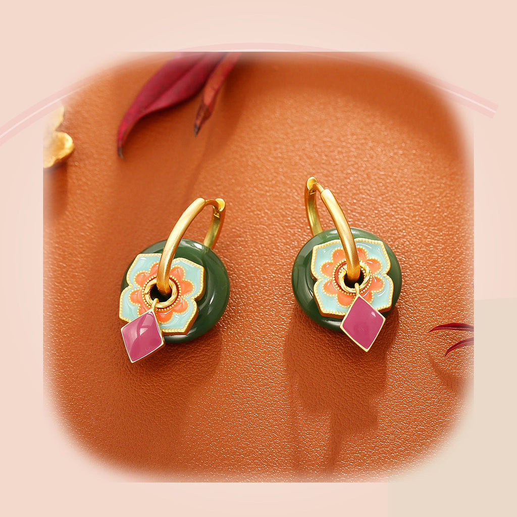 Green Jade & Pink Enamel Flower Earrings — full product view