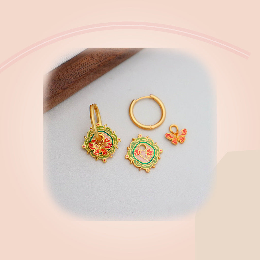 Green & Orange Butterfly Earrings with Gold Frame — full product view