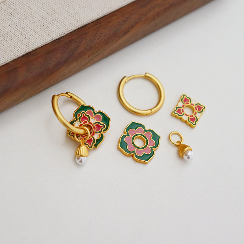 Green & Pink Earrings with Pearl Attached