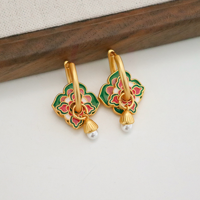 Green & Pink Earrings with Pearl Attached