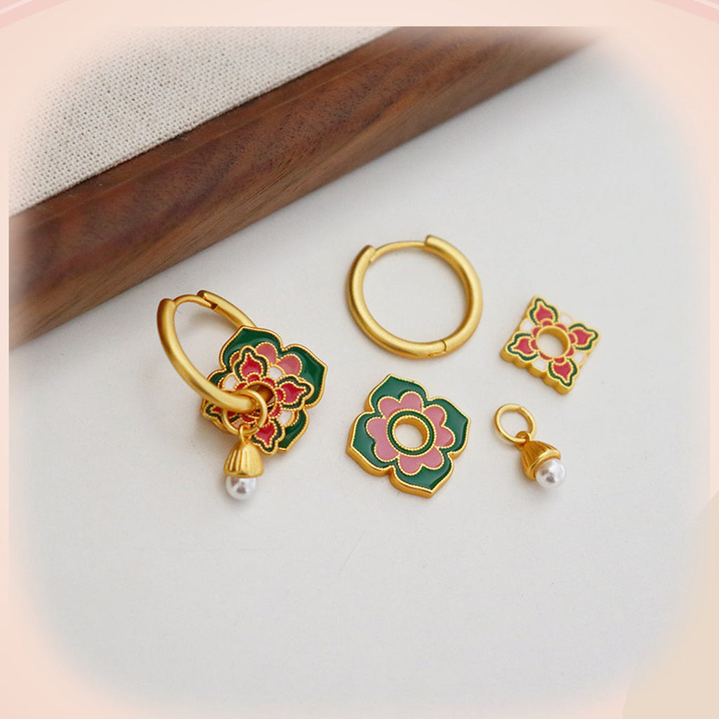 Green & Pink Earrings with Pearl Attached — detail view
