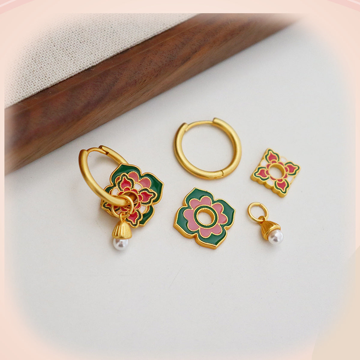 Green & Pink Earrings with Pearl Attached — detail view