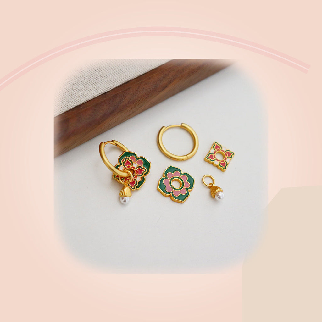 Green & Pink Earrings with Pearl Attached — full product view