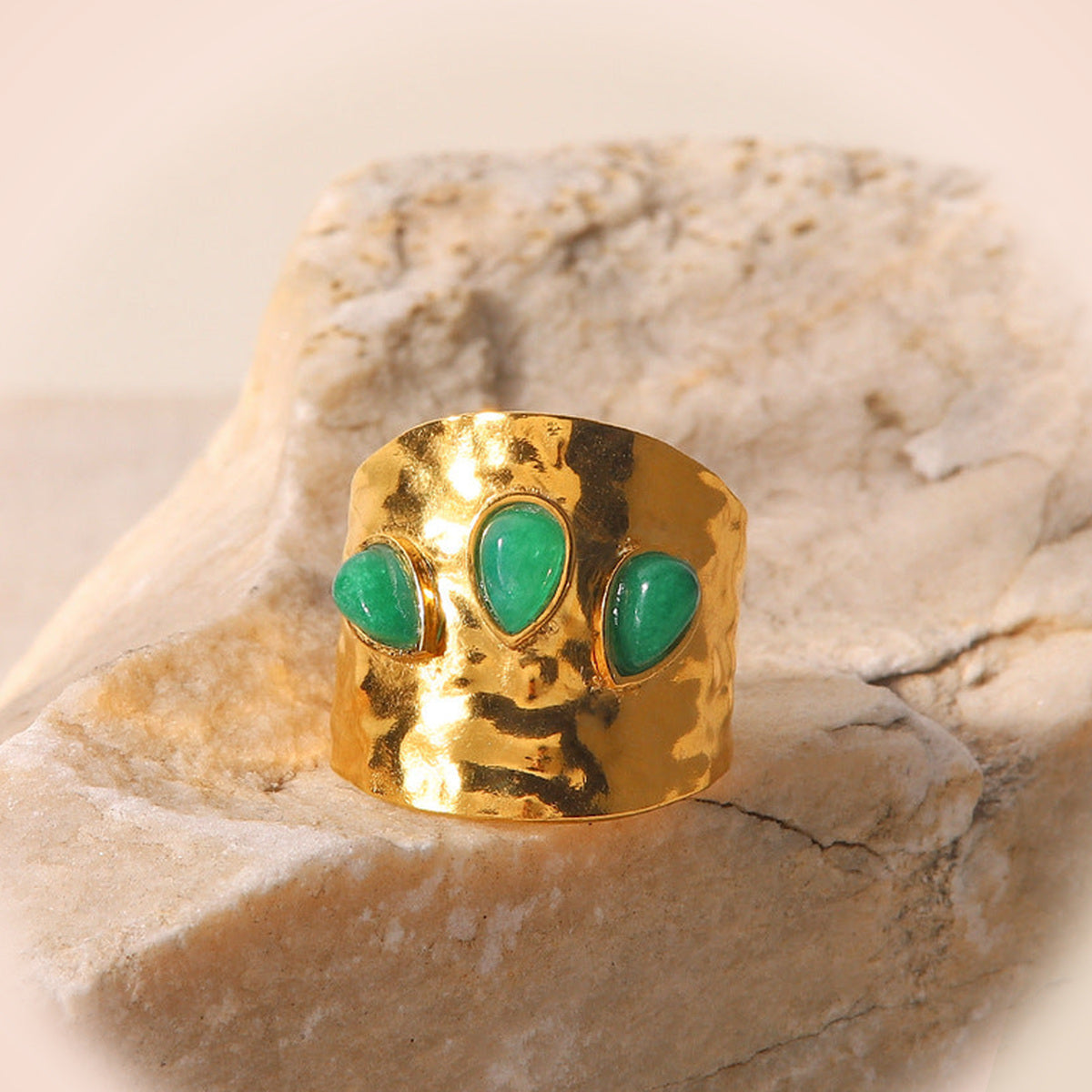 Hammered Gold Ring with Green Teardrop Stones — detail view