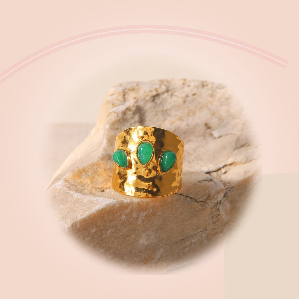 Hammered Gold Ring with Green Teardrop Stones — full product view