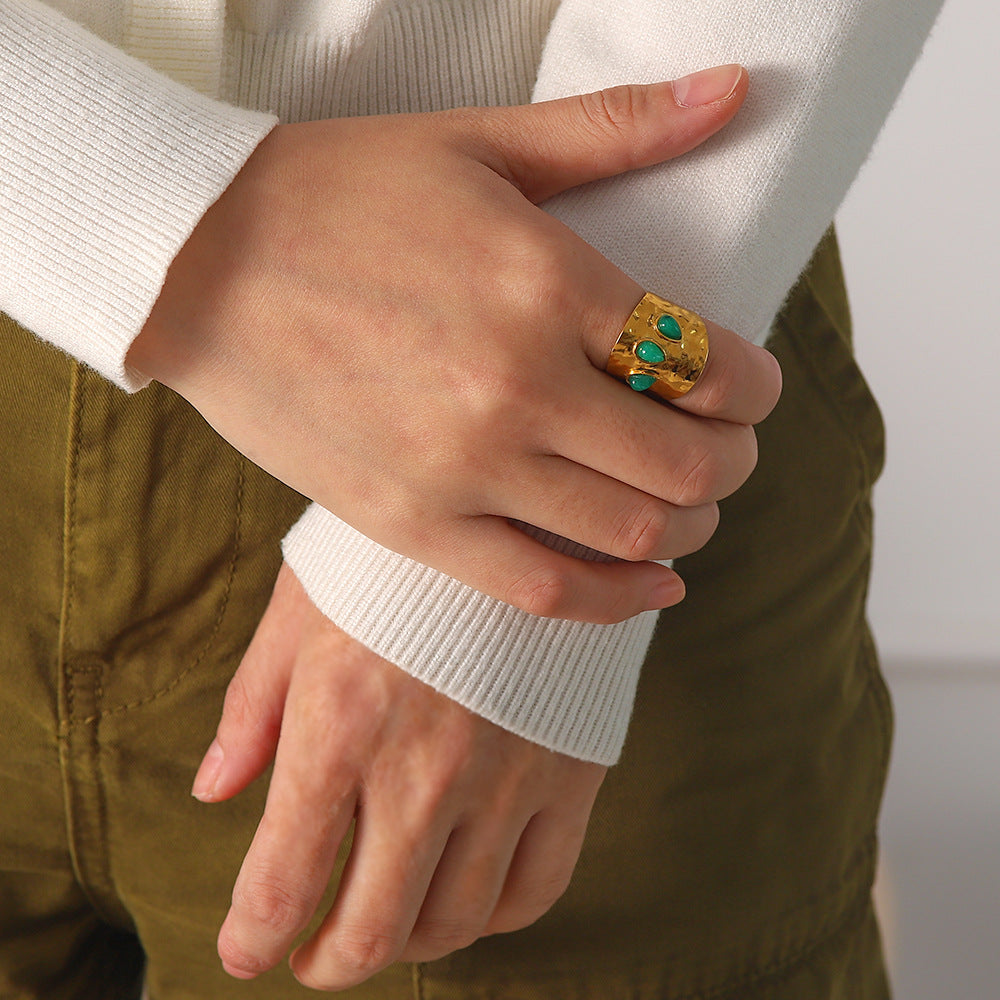 Hammered Gold Ring with Green Teardrop Stones