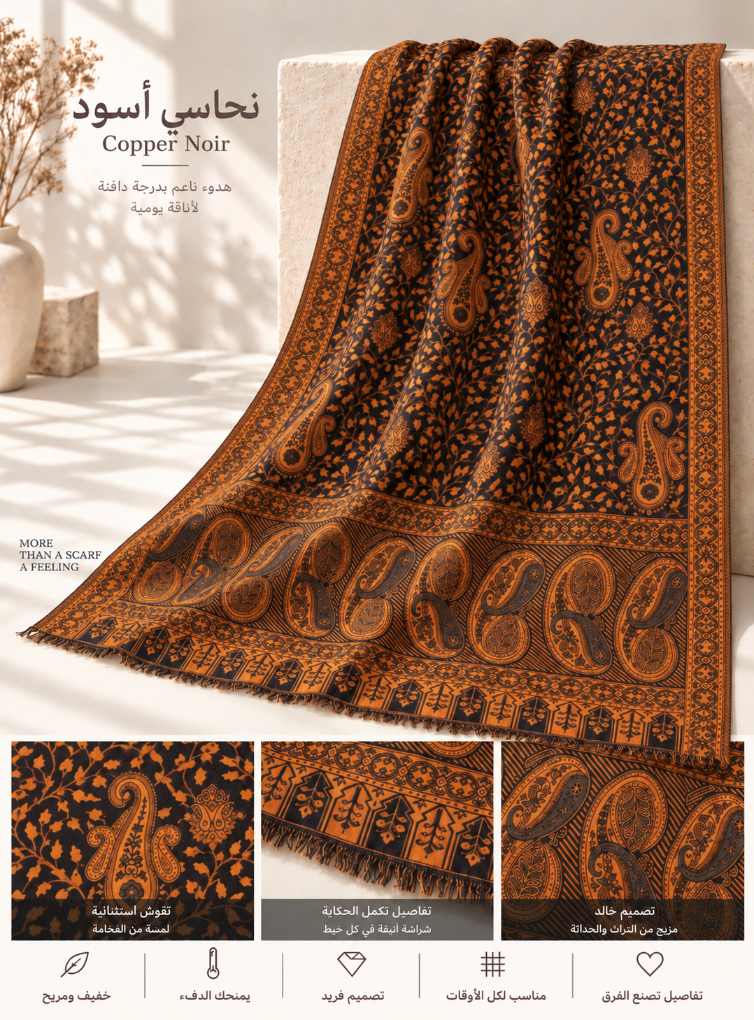 Bloomy Heritage Paisley Pashmina in Copper Noir