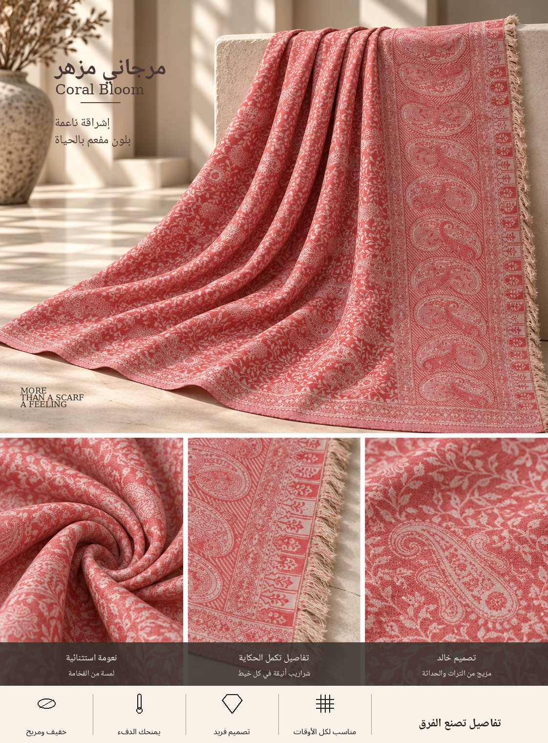 Bloomy Heritage Paisley Pashmina in Coral Bloom