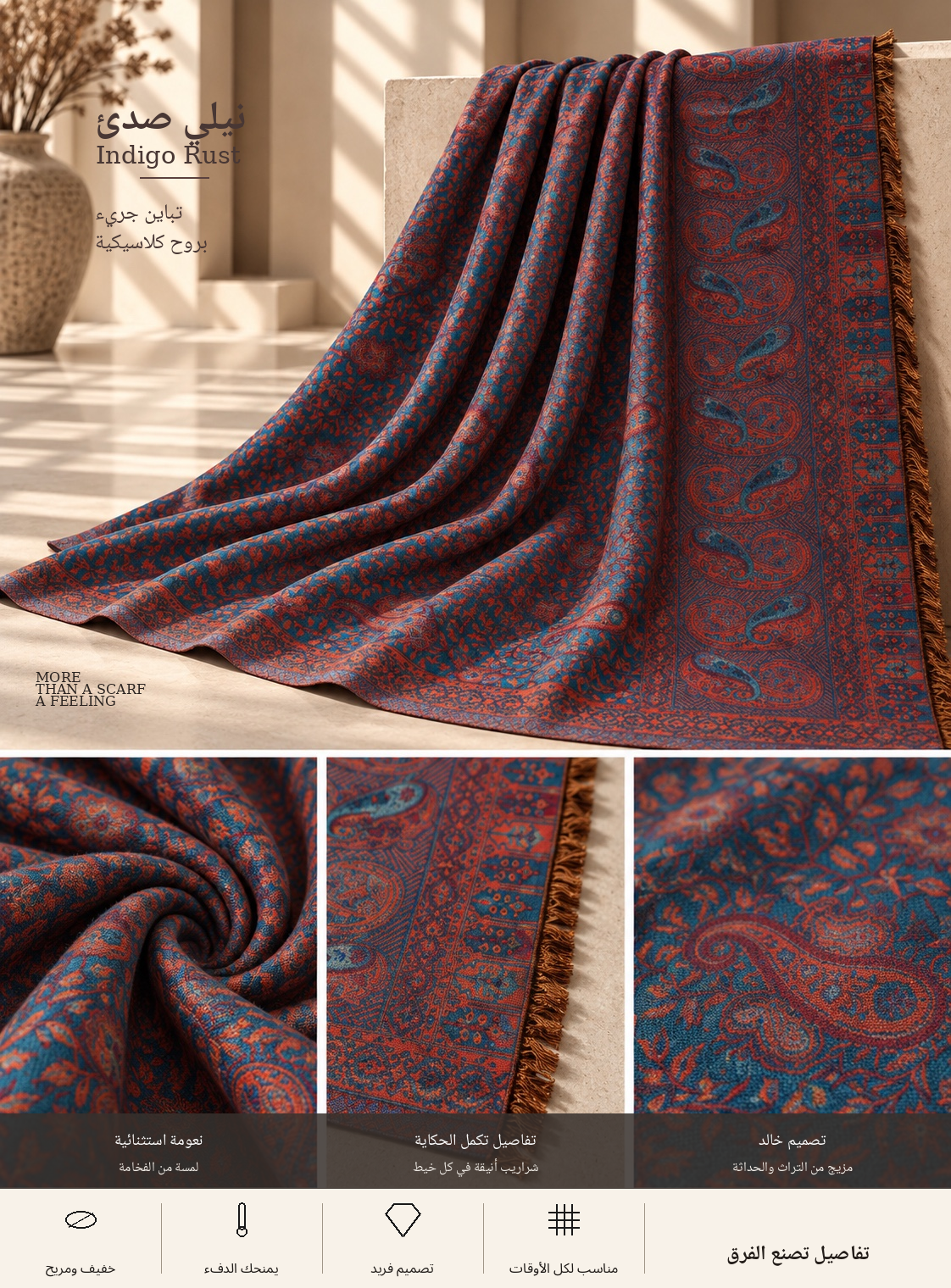 Bloomy Heritage Paisley Pashmina in Indigo Rust