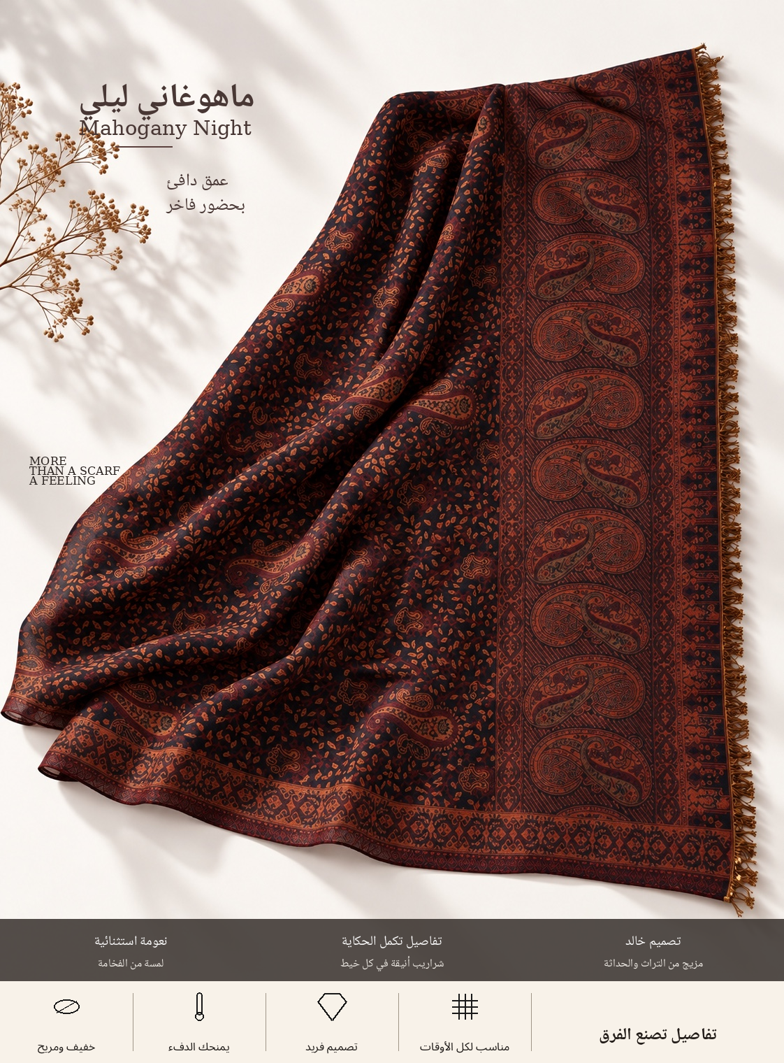 Bloomy Heritage Paisley Pashmina in Mahogany Night