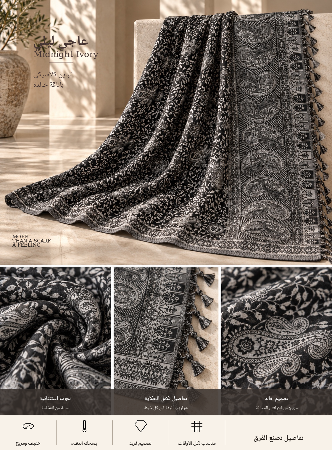 Bloomy Heritage Paisley Pashmina in Midnight Ivory
