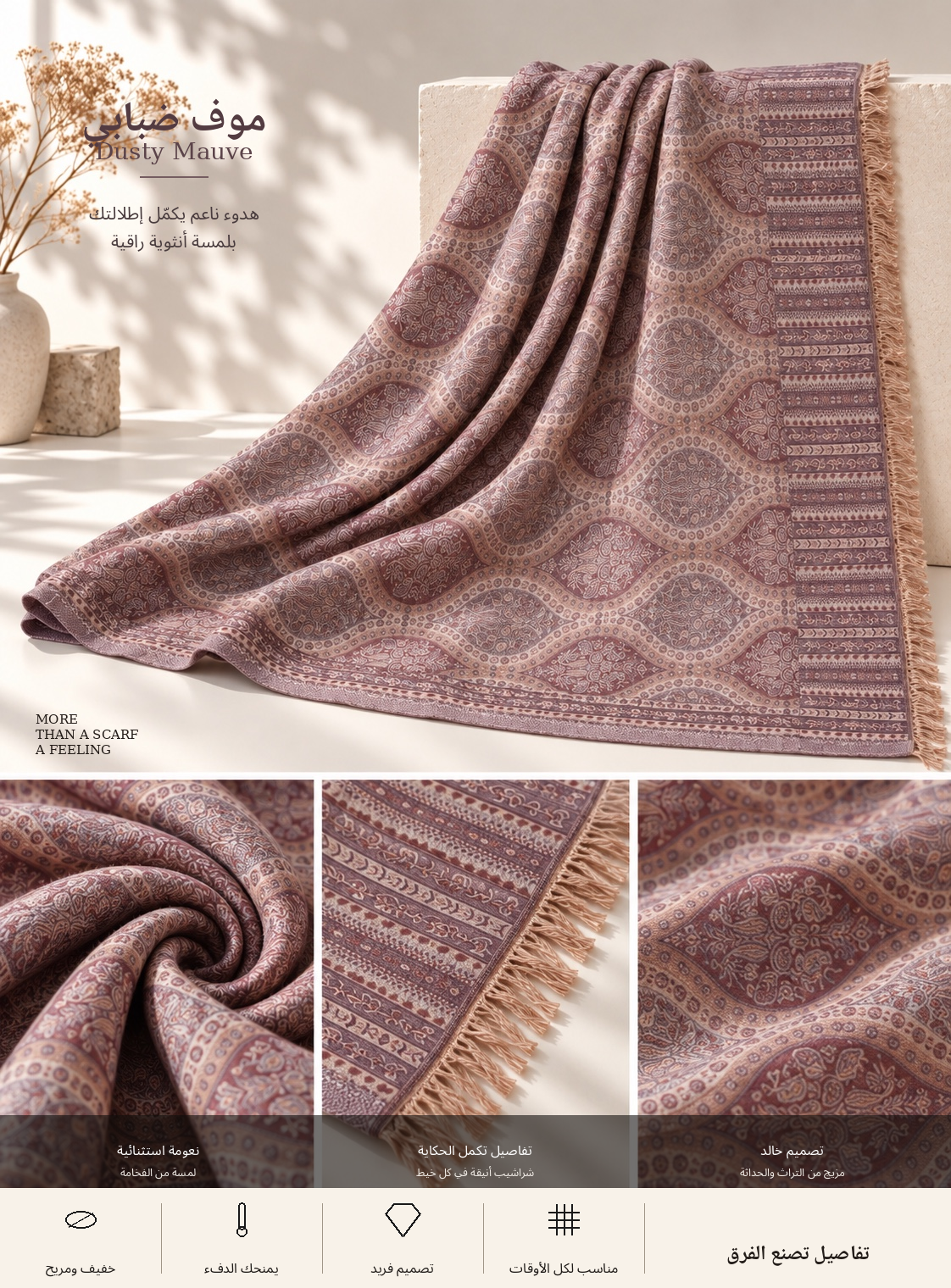 Bloomy Heritage Wave Pashmina in Dusty Mauve
