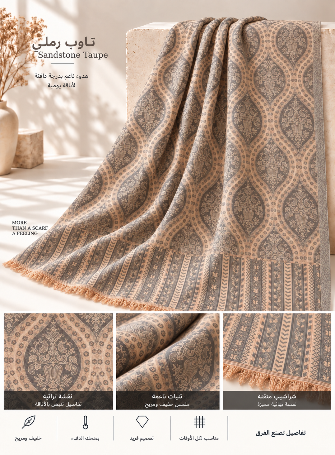 Bloomy Heritage Wave Pashmina in Sandstone Taupe