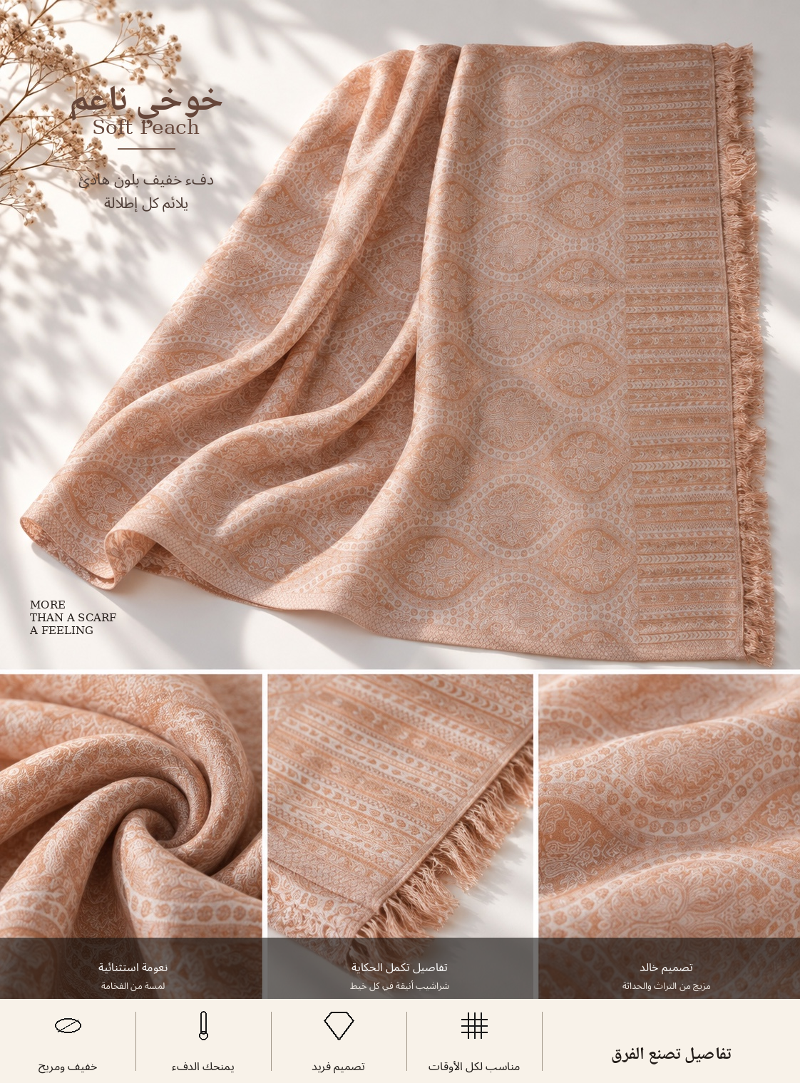 Bloomy Heritage Wave Pashmina in Soft Peach