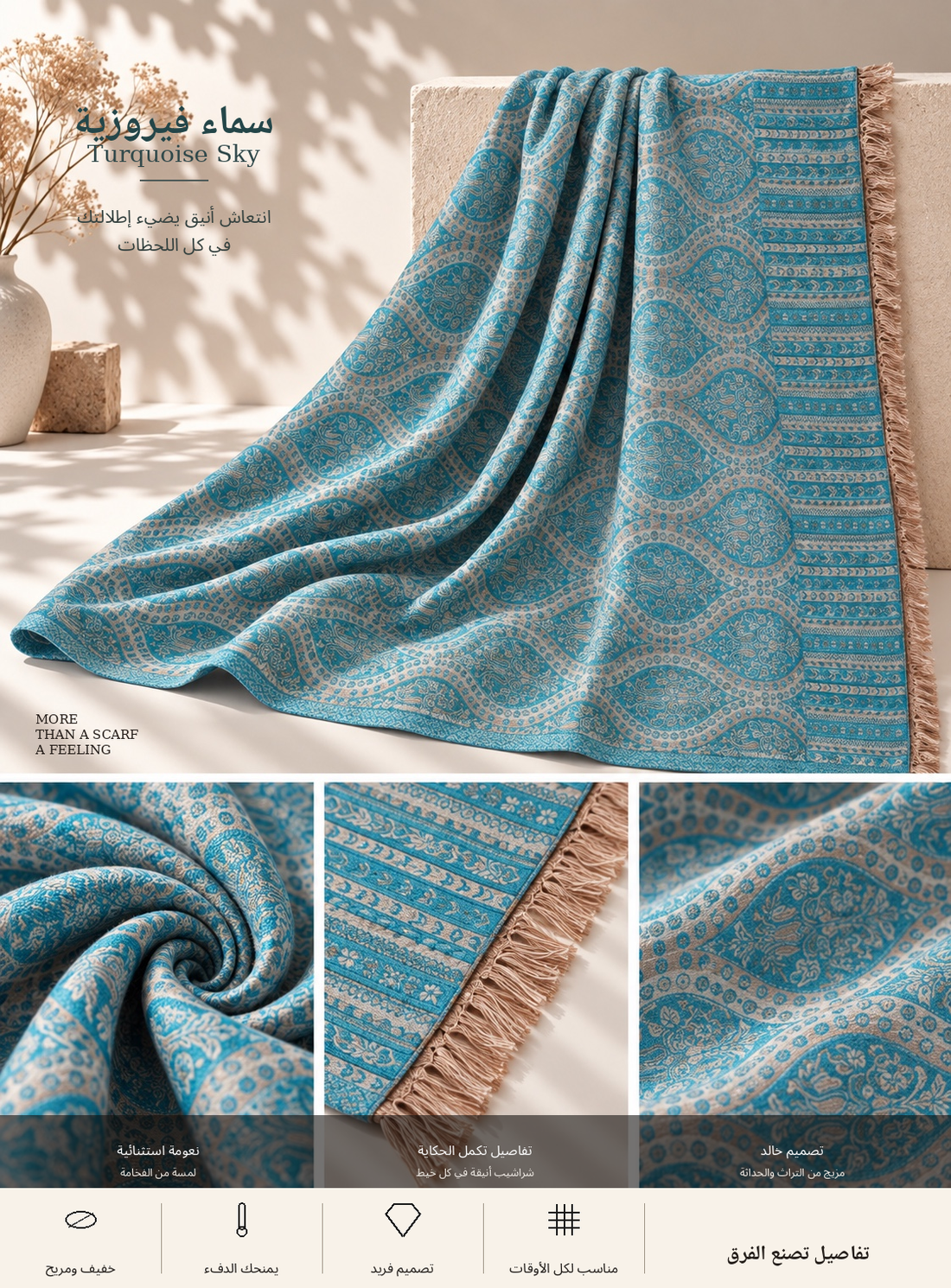 Bloomy Heritage Wave Pashmina in Turquoise Sky