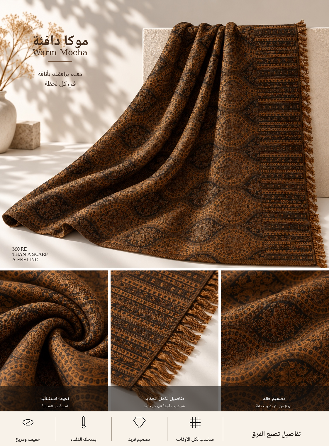 Bloomy Heritage Wave Pashmina in Warm Mocha