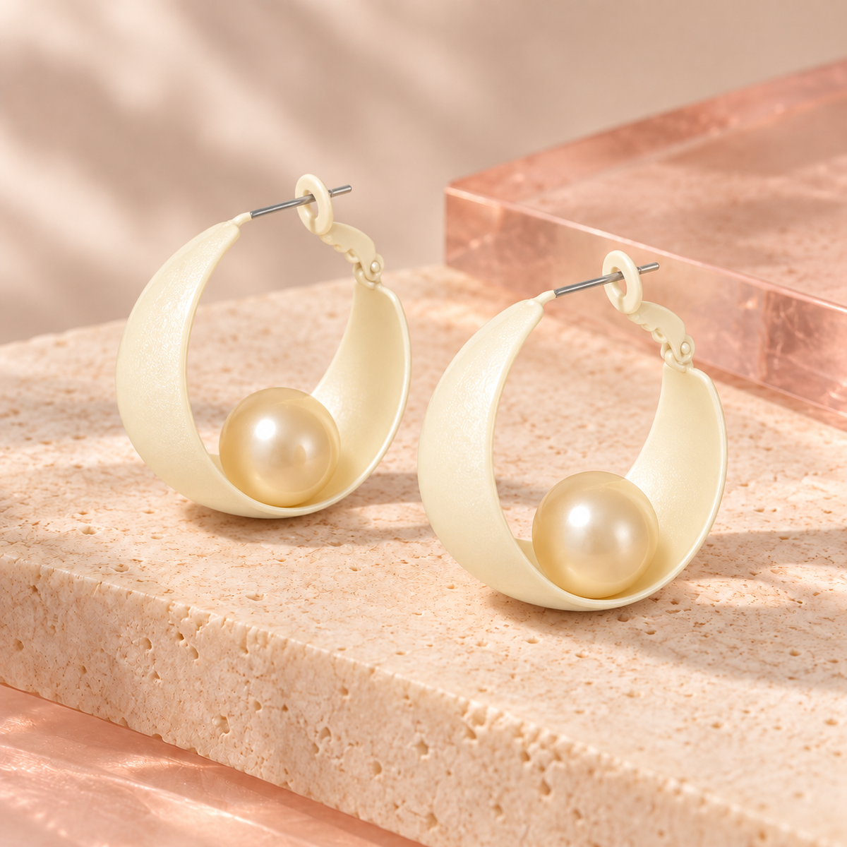 Ivory pearl hoop earrings on Bloomy ivory stone and blush acrylic