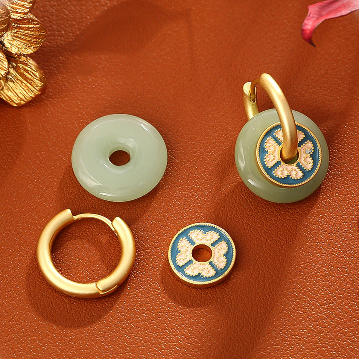 Jade & Enamel Floral Hoop Earrings — detail view