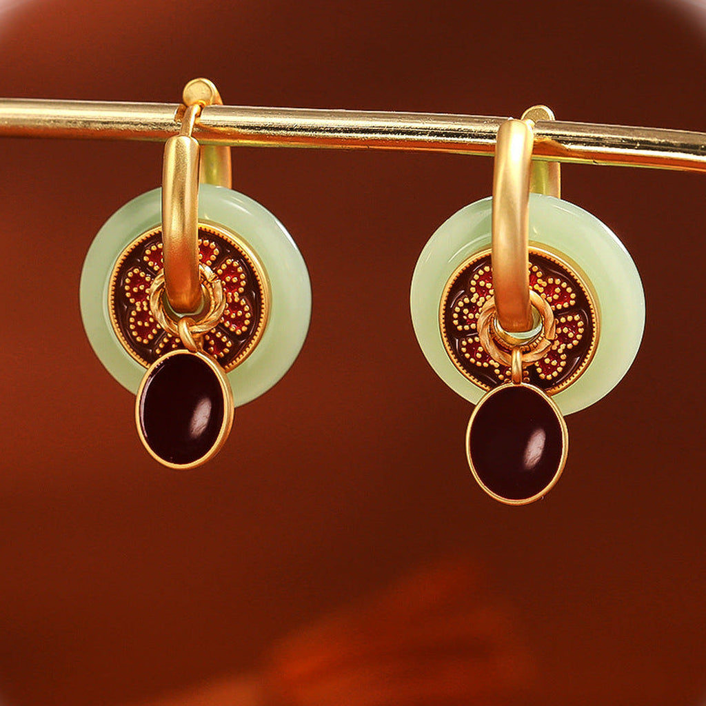 Jade & Maroon Enamel Earrings — detail view