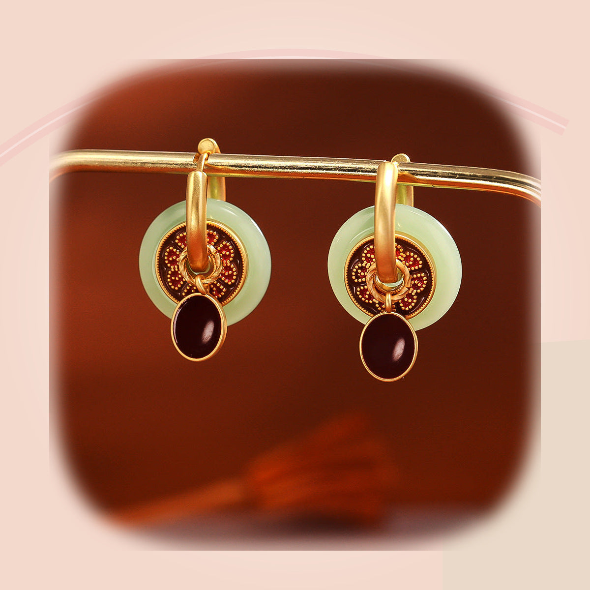 Jade & Maroon Enamel Earrings — full product view