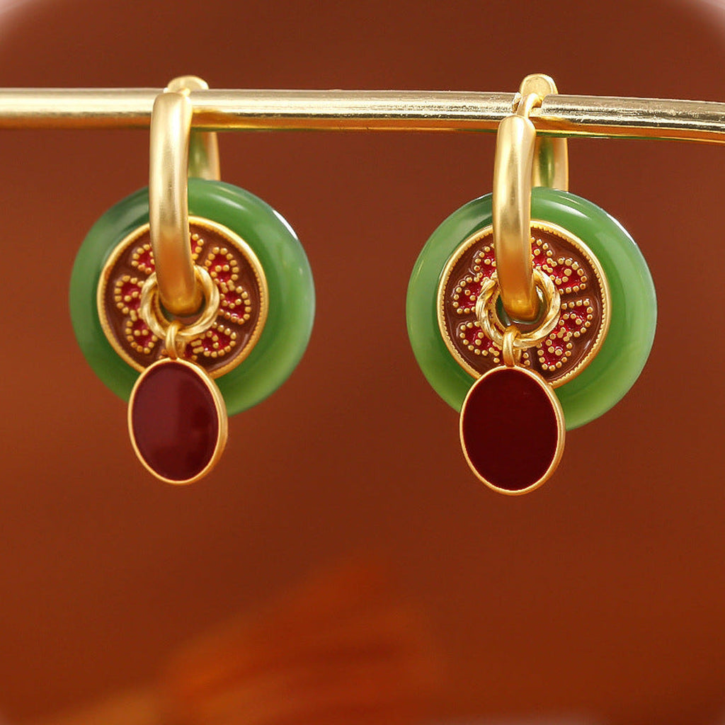 Jade & Maroon Enamel Hoop Earrings — detail view