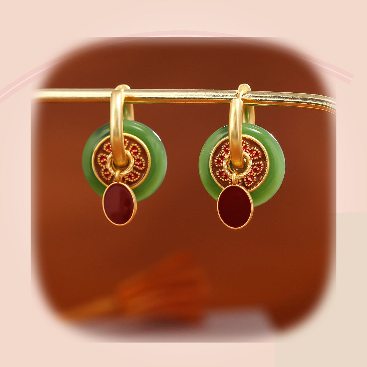 Jade & Maroon Enamel Hoop Earrings — full product view